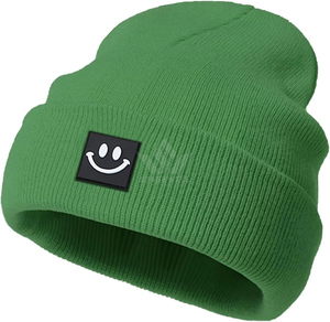Bonnet tricoté unisexe avec patch souriant, couleur unie, bonnet d'hiver chaud, style décontracté, taille adulte 56-58CM - Product Image 4
