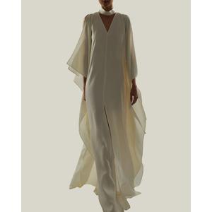 Robe de soirée élégante longue à col en V, coupe trapèze, 100 % coton, manches trois-quarts, couleur unie, écologique, prix de gros - Product Image 3