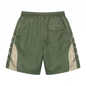 Pantalones Cortos Deportivos de Poliéster Ligero Premium de 160 GSM, con Paneles en Contraste, Frente Sólido, Color Negro Oliva, Estilo Casual - Product Image 2