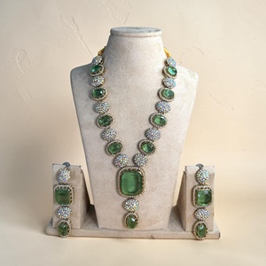 Emerald Crystal Gold Plated <b>Statement</b> <b>Necklace</b> and Earring Set Long Green Wedding Jewelry Vintage Inspired Indian Handmade - Product Image 3