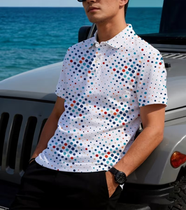 Men's White Polka Dot Polo Shirt Short Sleeve Casual Breathable Knitted Polyester Sportswear - Product Image 4