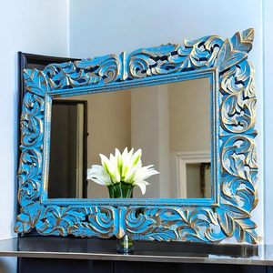 Carved Resin Eco-Friendly Luxury Vintage Floral Decorative Vanity Wall Mirror Blue Gold Finish for Bathroom Bedroom Entryway - Product Image 3
