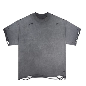 100% Cotton Oversized T-shirt Ripped Hole Distressed Metal <b>Ring</b> Accent Design Neck for Men - Product Image 1
