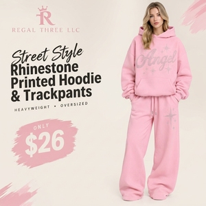 Ensemble sweat à capuche et pantalon de survêtement pour femme, imprimé strass, style streetwear oversize, coupe ample, en molleton épais - Product Image 1