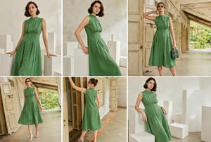 Vestido Midi Verde de Algodón Tejido, Sin Mangas, con Botones, Estilo Simple, Sólido, Moderno, Bohemio, Plisado, con Cuello Mandarín Retro - Product Image 5