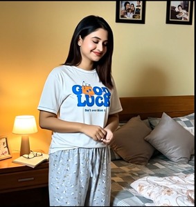Conjunto de Pijama Casual de Verano para Mujer, 100% Algodón, Transpirable, Ecológico, Camiseta Estampada AOP, Pantalones con Cordón, Suaves y Lavados - Product Image 4