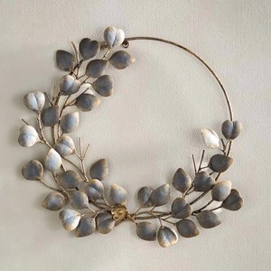 Rustic Metal Hoop Featuring A Slender <b>Wire</b> <b>Frame</b> Asymmetrically Adorned With Textured Frost Grey Eucalyptus Leaves For Decor - Product Image 1