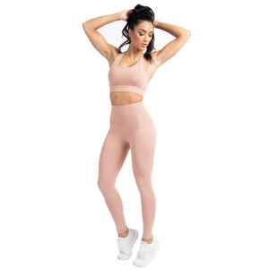 Pink Two Piece Yoga Set High Waist Leggings Racerback Sports Bra Seamless Full Length Activewear - Product Image 1