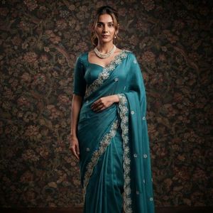 Sari en mousseline de soie douce de qualité supérieure avec broderies et bordure en dentelle, accompagné d'un chemisier de créateur, prix de gros par Royal Export - Product Image 4