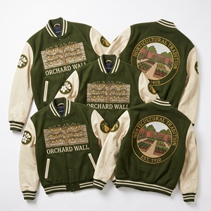Blouson universitaire vert olive en laine avec manches en cuir crème, motif traditionnel horticole de pommier espalier de jardin mural - Product Image 1