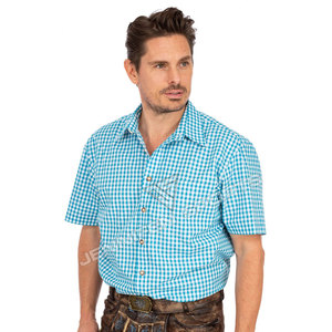 Chemise à carreaux en coton pour homme, turquoise et blanc, à manches courtes, col boutonné, poche poitrine, style décontracté bavarois pour l'Oktoberfest - Product Image 3