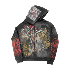 Sweat à capuche oversize pour homme en coton French Terry 500 g/m², respirant, avec logo imprimé DTG personnalisé, strass et fermeture éclair, style streetwear hiver, et short en jean. - Product Image 5