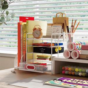 Organizador de Escritorio Ligero de 5 Niveles HUHOLE, Bandeja para Papel y Cartas de Malla Metálica Blanca con Soporte para Archivos, Requiere Ensamblaje Manual - Product Image 1