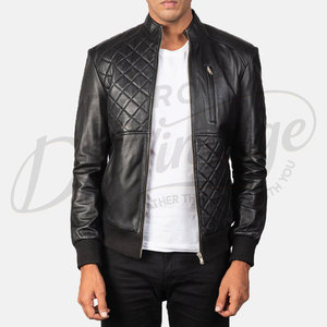 Men Black Genuine <b>Leather</b> Bomber <b>Jacket</b> with Diamond Quilted Front Panels Standing Collar and Ribbed Trim Slim Fit Coat - Product Image 5