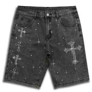 Nouveau design de jeans de haute qualité, denim gris foncé déchiré, shorts avec strass pour hommes - Product Image 4