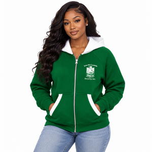 Sudadera con capucha y cremallera completa para mujer Iota Phi Lambda, color marrón claro con contraste, manga larga, letras griegas bordadas, estilo casual - Product Image 1