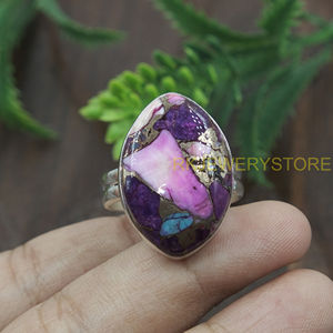 Pink Blue Copper Turquoise 925 Sterling Silver Handmade <b>Statement</b> <b>Ring</b> Marquise Shape Mosaic Inlay Unique Designer JewelryWomen - Product Image 6
