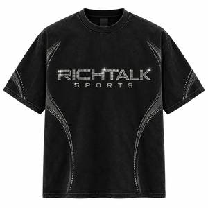 T-shirt noir surdimensionné pour homme avec imprimé lettres en strass sur le devant, style sportif, manches courtes, col rond, tissu jersey 100% coton - Product Image 1