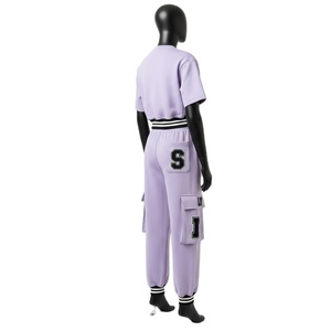 Conjunto de Pantalón Cargo y Top Corto de Felpa Suave de Algodón para Mujer, 300 GSM, Color Lavanda, Cintura Elástica con Rayas, Parche de Chenilla, Conjuntos para Mujer - Product Image 5