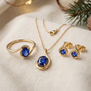 ชุดเครื่องประดับทองคำแท้ 14K ประดับไพลินสีน้ำเงินธรรมชาติ ประกอบด้วยแหวน สร้อยคอ ต่างหู เครื่องประดับชั้นดีสำหรับผู้หญิง รับสั่งทำตามแบบ OEM - Product Image 3