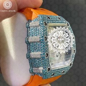 Montre de luxe Charm_Jewells en acier inoxydable, cadran analogique, verre saphir, lunette sertie de pierres bleues, bracelet en silicone orange, unisexe - Product Image 6