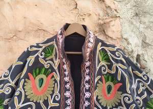 Open Front Pockets Trendy Winter Outerwear Belt Made Soft Fabric Handmade Women's Suzani Jacket Elegant Embroidery Comfortable - Product Image 3