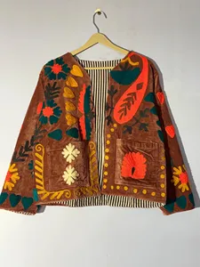 Women Brown Embroidered <b>Velvet</b> Suzani <b>Jacket</b> With Floral Pattern Boho Full Sleeve V-Neck Prairie Chic Style Winter Outerwear - Product Image 4