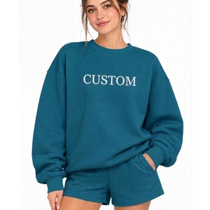 Achetez en gros un ensemble sweat-shirt et short surdimensionné pour femme, vert olive, 2 pièces, 100% coton molletonné, pour se détendre - Product Image 4