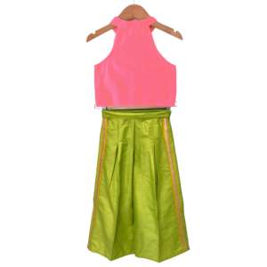 ชุดเซ็ตเสื้อแขนกุดคอ halter ผ้าทอ ความยาวระดับเข่า สีพื้น พร้อมกางเกง palazzo สีคอรัลและสีเขียวมะนาวสำหรับผู้หญิง - Product Image 2