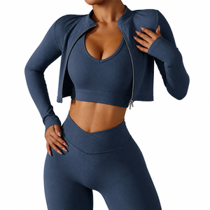Women's Solid Sport Leggings Yoga Jacket High Elastic Waist Crop Top Yoga Shorts <b>3</b> <b>Piece</b> Set Plus Size Breathable Lightweight - Product Image 2