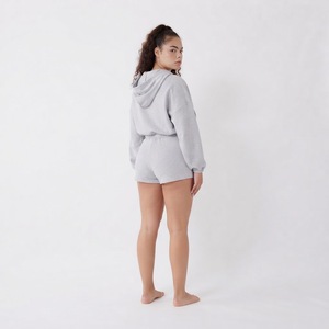 Women's Gray Hooded Crop Top and Shorts Set Long Sleeve Fleece Two <b>Piece</b> Casual <b>Outfit</b> Solid Color - Product Image 5