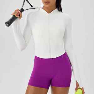 Chaqueta de yoga para mujer, ajustada, de manga larga, lisa, ligera, transpirable, de secado rápido, con cremallera, cuello alto y ribete acanalado, top deportivo. - Product Image 6