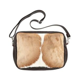Faux <b>Fur</b> Animal Skin Handbag <b>With</b> Leather Straps And Metal Rings Brown White Color - Product Image 2