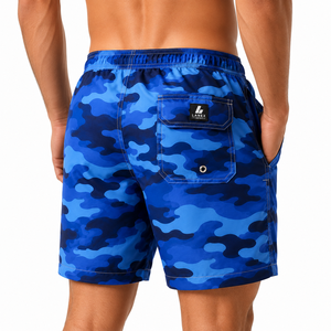 Shorts de bain pour hommes, bleu camouflage, séchage rapide, légers, avec cordon de serrage à la taille, logo personnalisé, vêtements de plage - Product Image 4