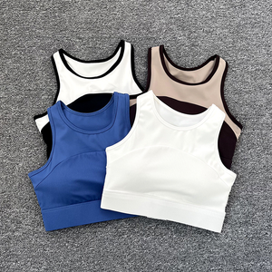 Soutien-gorge de sport color block pour femme, col ras du cou, dos nageur, maintien moyen, respirant, pour le yoga, avec bordure contrastante, en Spandex et Polyester - Product Image 1