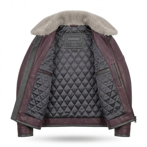Custom Mens <b>Burgundy</b> Charcoal <b>Leather</b> <b>Jacket</b> Shearling Collar Detailing Quilted Lining Warm Winter Flight Aviator Biker Coat - Product Image 5