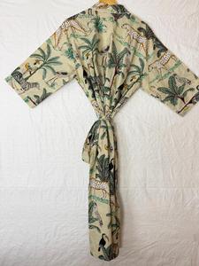 Bata de casa de algodón puro con estampado indio, estilo kimono de verano |   Cubrebikini floral/Cómodo para embarazadas |   Rosa Melocotón Rosa Safari An - Product Image 5