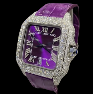 Moissanite Diamond Luxurious <b>Square</b> Case Roman Numerals Wristwatch Purple Color Leather Band <b>Man's</b> All Function Suitable <b>Watch</b> - Product Image 4