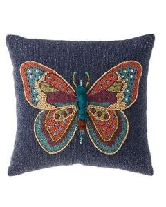 Beaded Butterfly Cushion Cover Navy <b>Blue</b> Cotton Fabric Square <b>Throw</b> Pillow Case Glass Bead Insect Embroidery Home Decor - Product Image 1