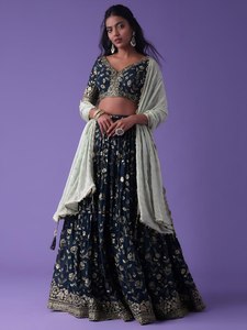 Embroidered Embossed Lehenga Choli Set Women Traditional Floral Ethnic <b>Wedding</b> Party Outfit with Dupatta Cotton Chiffon - Product Image 1