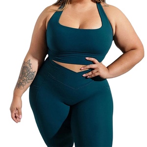 Teal Square Neck Halter Crop <b>Top</b> High Waist <b>Leggings</b> 2 Piece Yoga Set Plus Size Seamless Spandex/Polyester Front Logo Quick Dry - Product Image 1