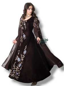 Elegant Brown Floral Embroidered Abaya Long Sleeve Floor Length Round Neck Women's Evening Party Wear Rayon Loose Fit - Product Image 4