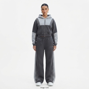 <b>Women</b> Two Piece Zip Up Hooded Tracksuit Set Color Block Hoodie Wide Leg <b>Jogger</b> Pants Rhinestone Detail - Product Image 1
