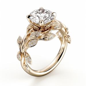 Fancy 14K Solid Gold or Silver Floral Leaf Design Round Diamond Engagement Ring Nature Inspired Wedding Promise Ring <b>For</b> Women - Product Image 2
