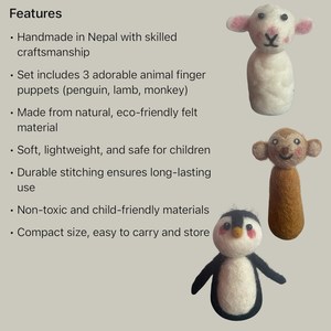 Ensemble de 3 marionnettes à doigts en feutre écologique, fabriquées à la main au Népal, en 100% laine de mouton, douces, sûres et parfaites pour les enfants. - Product Image 5