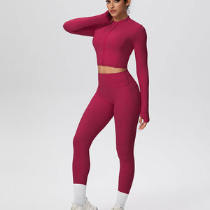 Red Color Blocking Yoga Set Women 2 Piece Sports Bra <b>Leggings</b> High Waist Full Length <b>Seamless</b> Contrast Binding Racerback - Product Image 6