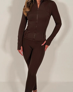 Women's Brown Full Length Yoga Set With Zipper Closure High Waist Leggings And Long Sleeve <b>Top</b> <b>Sweat</b> Wicking Spandex Polyester - Product Image 3