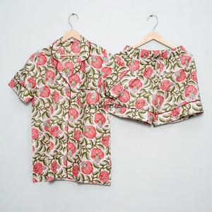 Ensemble de pyjama court pour femme en coton 100% pur, respirant, doux, imprimé fleuri, col en V, fermeture à cordon, été - Product Image 3