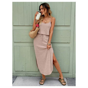 Women Rib Knit Sleeveless Short Skinny Streetwear Crop Matching Vintage Midi Skirt Set Print Eco-Friendly High Quality Two Piece - Product Image 6