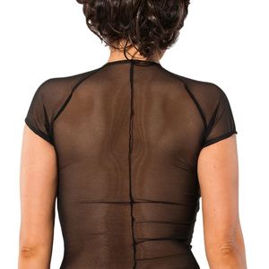 Women's Black Wet Look and Mesh Long Sleeve Top Stretch High Neck Slim Fit <b>Sheer</b> Panel Fashion Lightweight Apparel Shirt - Product Image 2
